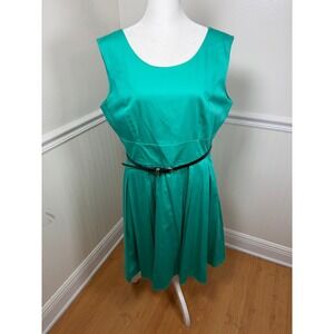 Calvin Klein Fit and Flare Dress Women 12 Teal Green Sleeveless Belted Cotton